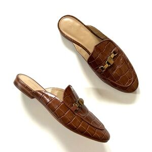 Michael Kors Brown Leather Charlton Crocodile-Embossed Leather Slide Mules Flats